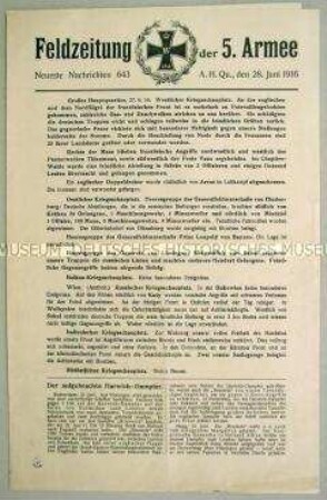 Nachrichtenblatt der 5. Armee mit Kurzmeldungen von verschiedenen Kriegsschauplätzen
