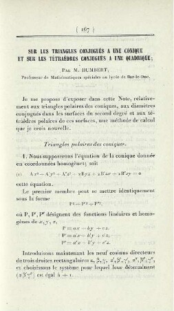Sur les triangles conjugués a une conique et sur les tétraèdres conjugués a une quadrique.