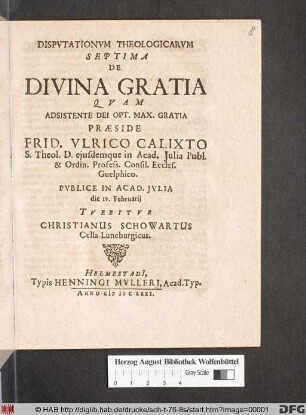 Disputationum Theologicarum Septima De Divina Gratia