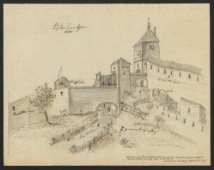 Tübingen. Lustnauer Thor 1680 von Südost : Tuschezeichnung