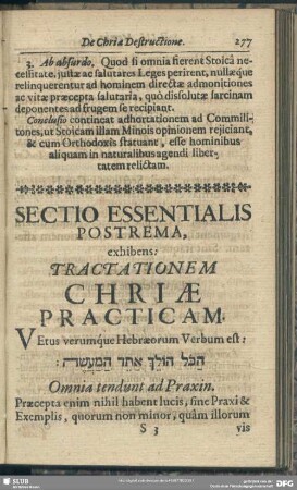 Sectio Essentialis Postrema, exhibens: Tractationem Chriae Practicam