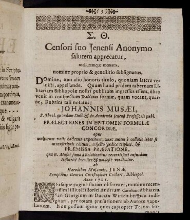 3-26, Censori suo Jenensi Anonymo salutem apprecatur, ...