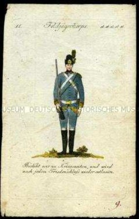 Uniformdarstellung, Gemeiner des Feldjäger-Korps, Österreich, 1796. Tafel aus: Geschichte und bildliche Vorstellung der Regimenter des Erzhauses Österreich.