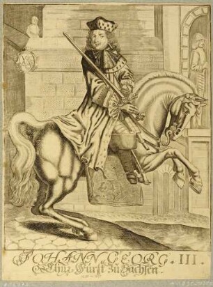 Bildnis Johann Georg III., Kurfürst von Sachsen, Reiterbildnis vor einer Befestigungsmauer mit dem kursächsischen Wappen