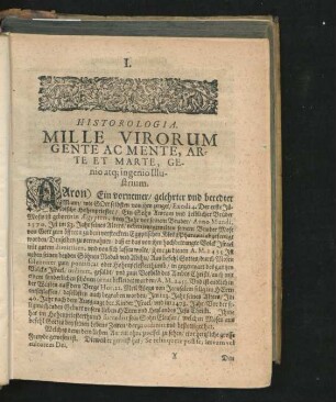 Historologia. Mille Virorum Gente Ac Mente, arte Et Marte, Genio atque ingenio Illustrium.