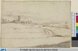 Hügellandschaft mit Schloss, im Vordergrund eine Brücke