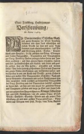 Statt Friedberg. Huldigungs-Verschreibung/ de Anno 1483.