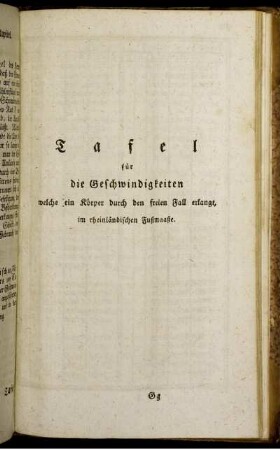 Tafel für die Geschwindigkeiten.