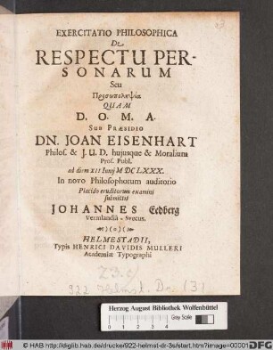 Exercitatio Philosophica De Respectu Personarum Seu Prosōpolēpsia