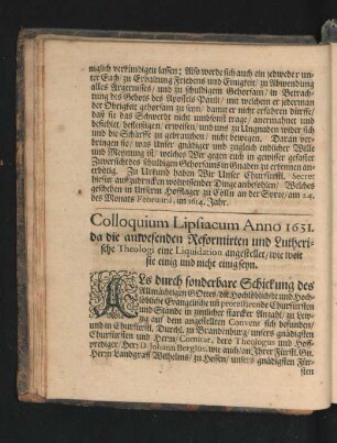 Colloquium Lipsiacum Anno 1631. da die anwesenden Reformirten und Lutherische Theologi eine Liquidation angestellet/ wie weit sie einig und nicht einig seyn