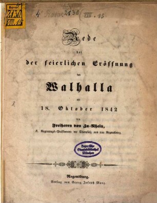 Rede bei der feierlichen Eröffnung der Walhalla am 18. Oktober 1842