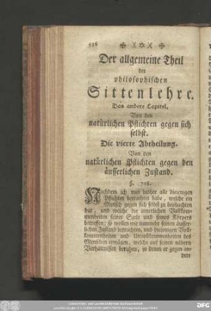 Die vierte Abtheilung. Von den natürlichen Pflichten gegen den äusserlichen Zustand.