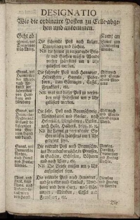 Designatio. Wie die ordinaire Posten zu Celle abgehen und ankommen