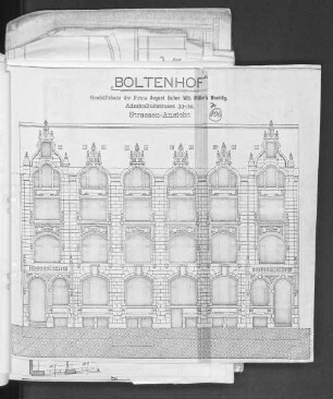 Zu 106. "Boltenhof" Geschäftshaus der Firma August Bolten Wm. Miller´s Nachflg. Admiralitätsstrasse 33-36. Strassen-Ansicht.