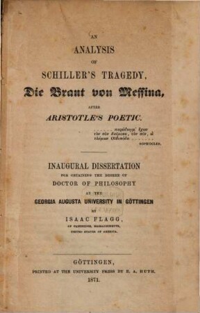 An analysis of Schiller's tragedy: Die Braut von Messina : after Aristotle's poetic