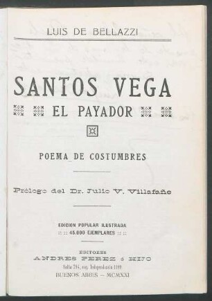 Santos Vega el payador : poema de costumbres