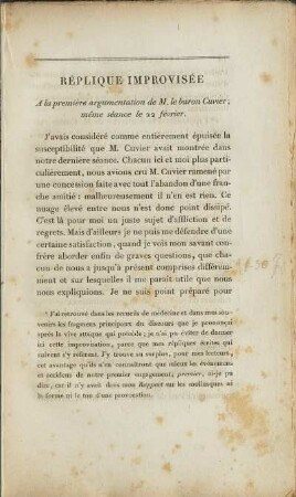 Réplique Improvisée A la première argumentation de M. le baron Cuvier; méme séance le 22 février