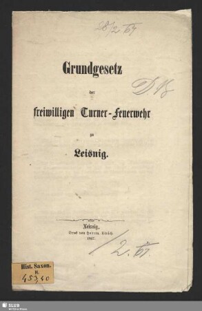 Grundgesetz der freiwilligen Turner-Feuerwehr zu Leisnig