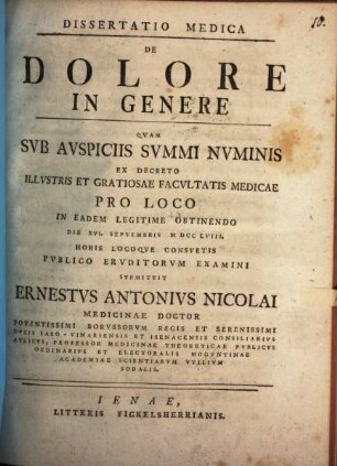Diss. med. de dolore in genere
