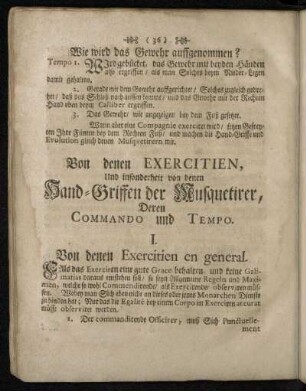 Von denen Exercitien, Und insonderheit von denen Hand-Griffen der Musquetirer, Deren Commando und Tempo.
