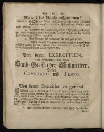 Von denen Exercitien, Und insonderheit von denen Hand-Griffen der Musquetirer, Deren Commando und Tempo.