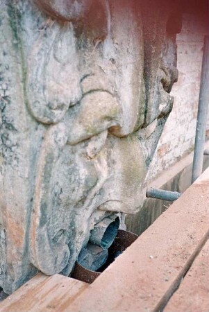 Gut Jersbek: Herrenhaus: Nordgiebel: Sanierung: Detailaufnahme: Wasserspeier Maskaron, Teilansicht, darunter Abflussrohr, davor Gerüst
