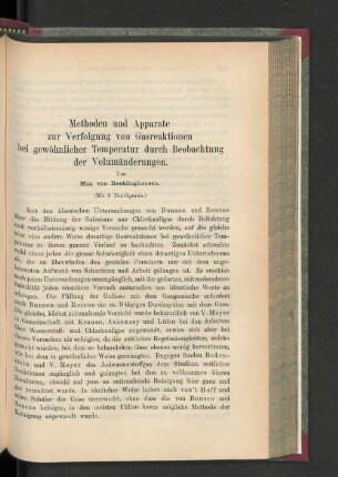 Methoden und Apparate zur verfolgung von Gasreaktionen bei gewöhnlicher Temperatur durch Beobachtung der Volumänderung.