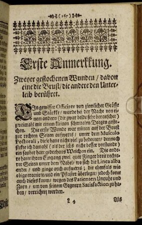 Erste Anmerkkung. Zweyer gestochenen Wunden / davon eine die Brust / die andere den Unterleib berühret.
