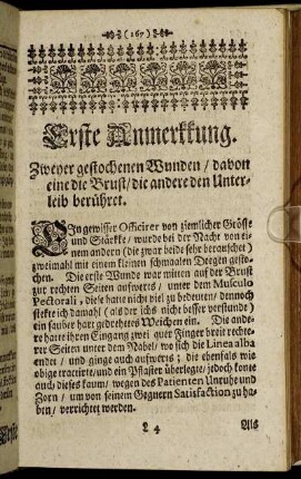 Erste Anmerkkung. Zweyer gestochenen Wunden / davon eine die Brust / die andere den Unterleib berühret.