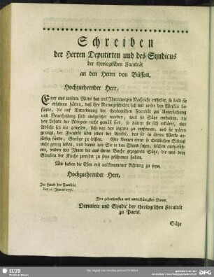 Schreiben der Herren Deputirten und des Syndicus der theologischen Facultät an den Herrn von Büffon