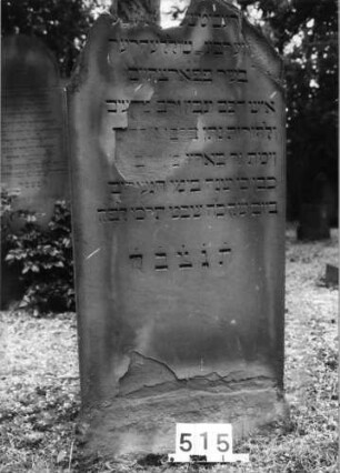Grabstein 515 (Index: 99630016) Material: Sandstein Zustand: oben Teile abgebroch/Textverl/abgeblätt. Maße HxBxT: 147x65x7 cm Beschreibung: Stele mit Rundbogenabschluß: Grabstein 515