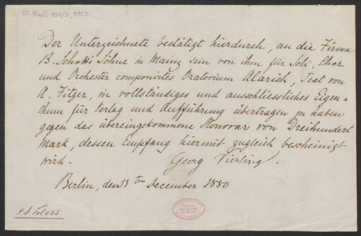 Verlagsschein über "Oratorium Alarich"