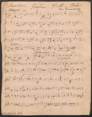 Der Freischütz, vl, i (X), WeV C.7, J J 277, Excerpts, Arr - BSB Mus.Schott.Ha 1656 : [heading:] Ouvertüre. Violino. C. M. v. Weber, // Der Freischütz