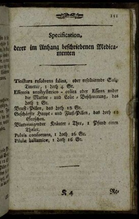 Specification, derer im Anhang beschriebenen Medicamenten