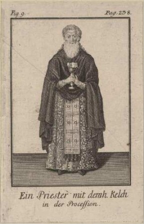 Ein Priester mit dem heiligen Kelch in der Prozession; Illustr. 9, S. 238, aus: Beschreibung der griechischen Kirche in der Türkey von Jacob Elsner, Berlin 1737