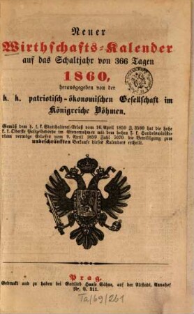 Neuer Wirthschafts-Kalender : für das gemeine Jahr .... 1860
