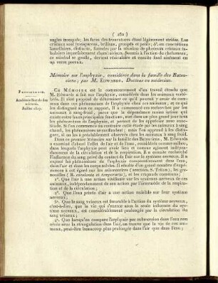 Mémoire sur l'asphyxie, considérée dans la famille des Batraciens
