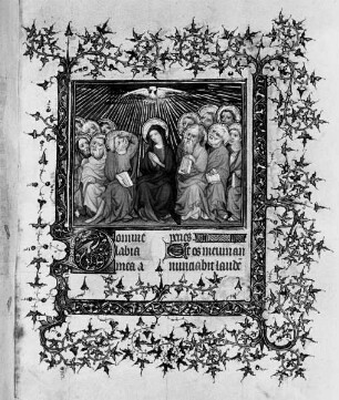 Schmuckseite mit Miniatur: Pfingsten (Ausgießung des Heiligen Geistes), Dornblattbordüre und Initiale D, Folio recto