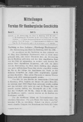 Nachtrag zu dem Aufsatze "Hamburgs Bierbrauerei". Die Besteuerung des Biers in Hamburg 1631 bis 1888.