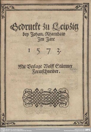 Gedruckt zu Leipzig bey Johan. Rhambau. Im Jahre 1573.