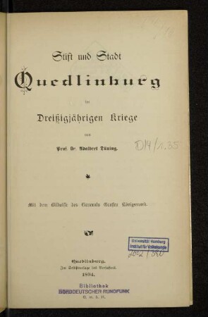 Stift und Stadt Quedlinburg im Dreißigjährigen Kriege