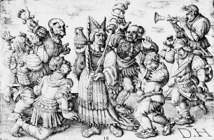 Wurstverkäuferin und Fastnachtstänzer