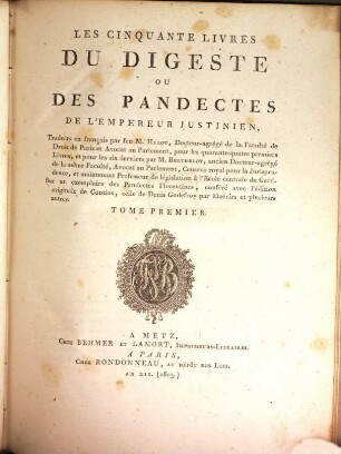 Les cinquante livres du Digeste ou des Pandectes de l'Empereur Justinien, 1