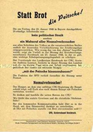 Propagandaflugblatt der SPD zur Rechtfertigung eines Streiks in Bayern, verbunden mit Wahlaufruf