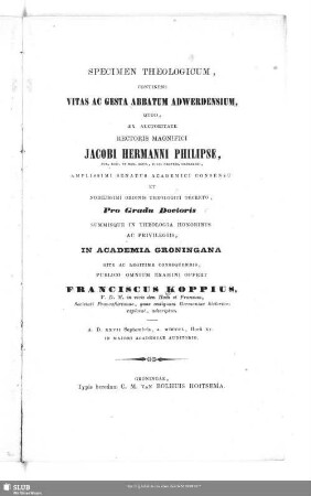 Specimen theologicum, continens vitas ac gestas abbatum Adwerdensium