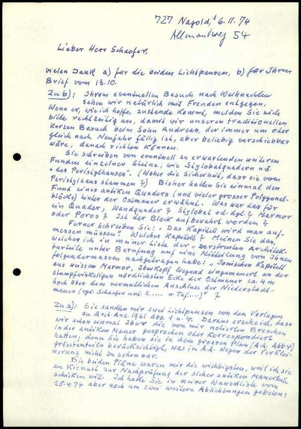 W. Wrede an W. Schaefer | Digitalisierung: Deutsches Archäologisches Institut, Athen, Archiv