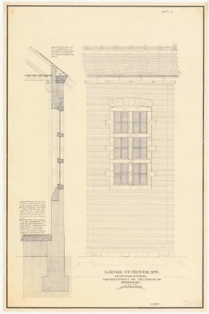 Siedlung für Kriegsbeschädigte Schinkelwettbewerb 1945: Gemeinschaftshaus: Feierhaus. Fassaden-Schnitt und Teil-Ansicht 1:20