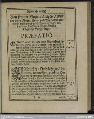 Leichenpredigt : Fürstliche Leich-Predigt, Praefatio, Textus, Exordium, Thema, Votum, Tractatio, Applicatio, Praxis Generalis & Conclusiva