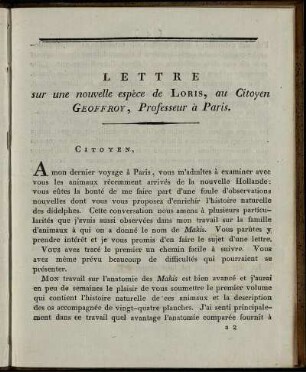 Lettre sur une nouvelle espèce de LORIS...