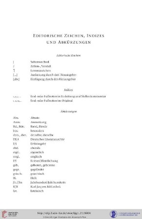 Editorische Zeichen, Indizes und Abkürzungen